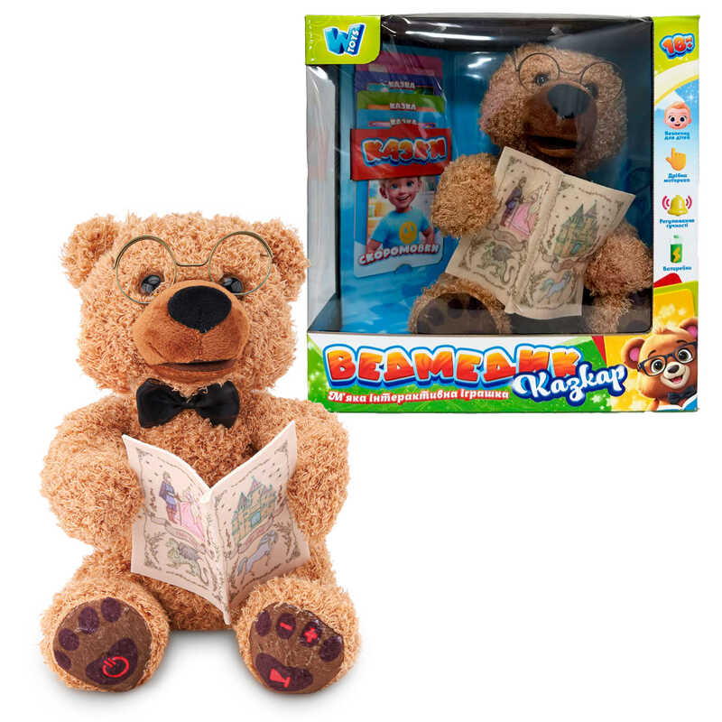 Ведмедик казкар 31515 (16/2) "WToys", ОЗВУЧУВАННЯ УКРАЇНСЬКОЮ МОВОЮ, 10 аудіоказок, 5 карток із казками, скоромовки та звукові ефекти, рухливий ротик, сенсори на лапках, в коробці