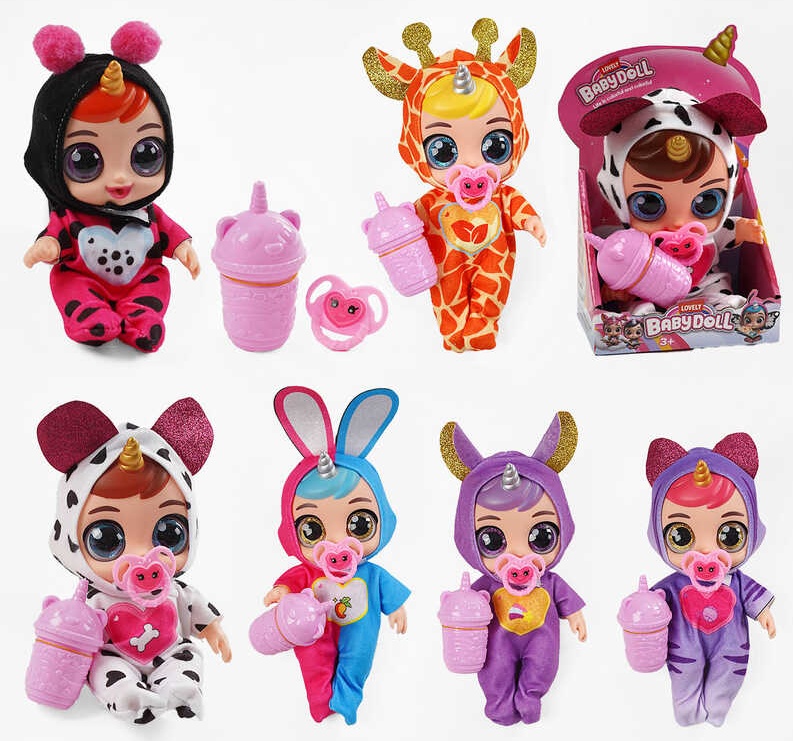 Лялька 214 , 6 видів, в коробці, гумова, висота 20 см, говорить - сміється - плаче, знімний одяг, рухливі кінцівки, пляшечка, пустушка, МІКС ВИДІВ
