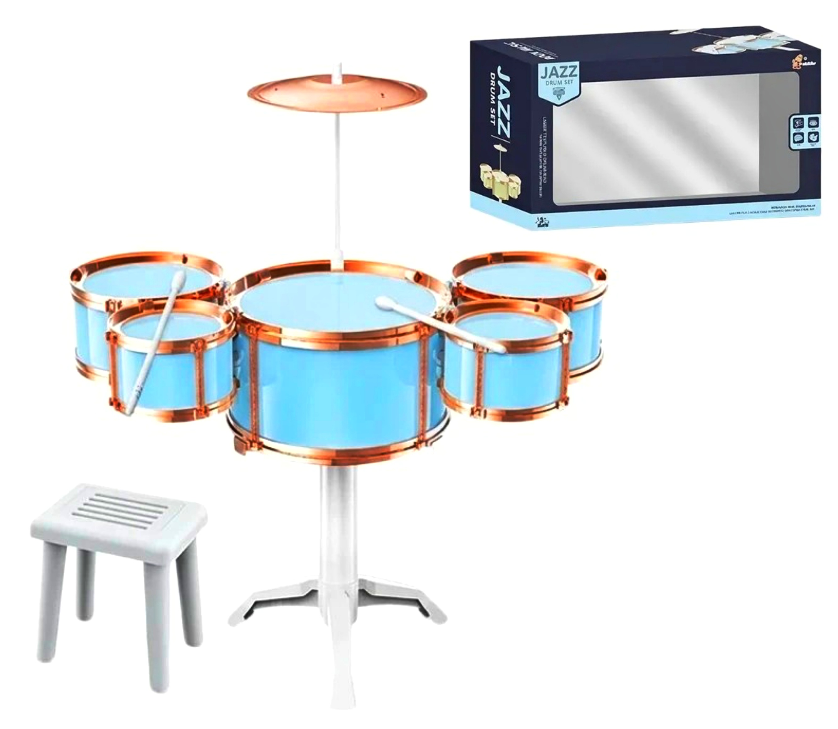 Барабанна установка XBL 993-6 блакит. , 10 елементів, 5 барабанів, діаметри: 23 см, 13 см, 16 см, тарілка, стільчик, палички , в коробці