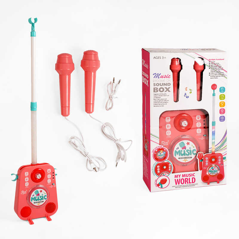 Караоке 1092 (18/2) підсвічування, 2 мікрофони, дитячі мелодії, підключення до MP3, регулювання гучності, функція запису, зміна голосу, мільтимедійний кабель 3.5 мм, в коробці