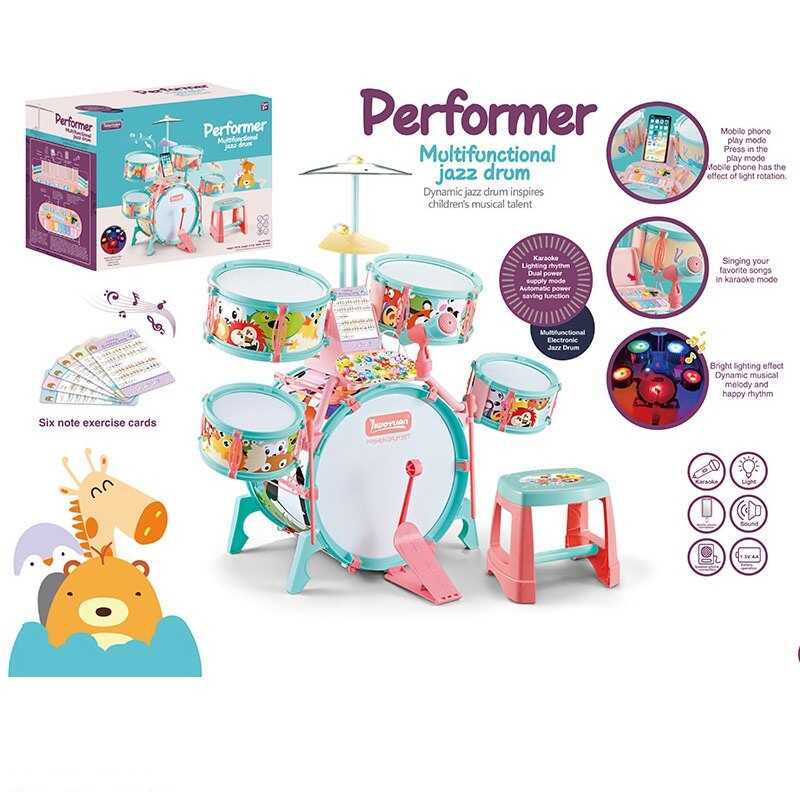 Барабанна установка Q 532 B (4) звук, підсвічування, мелодії, режим караоке, мікрофон, підключення до телефону, піаніно, палички, стільчик, в коробці