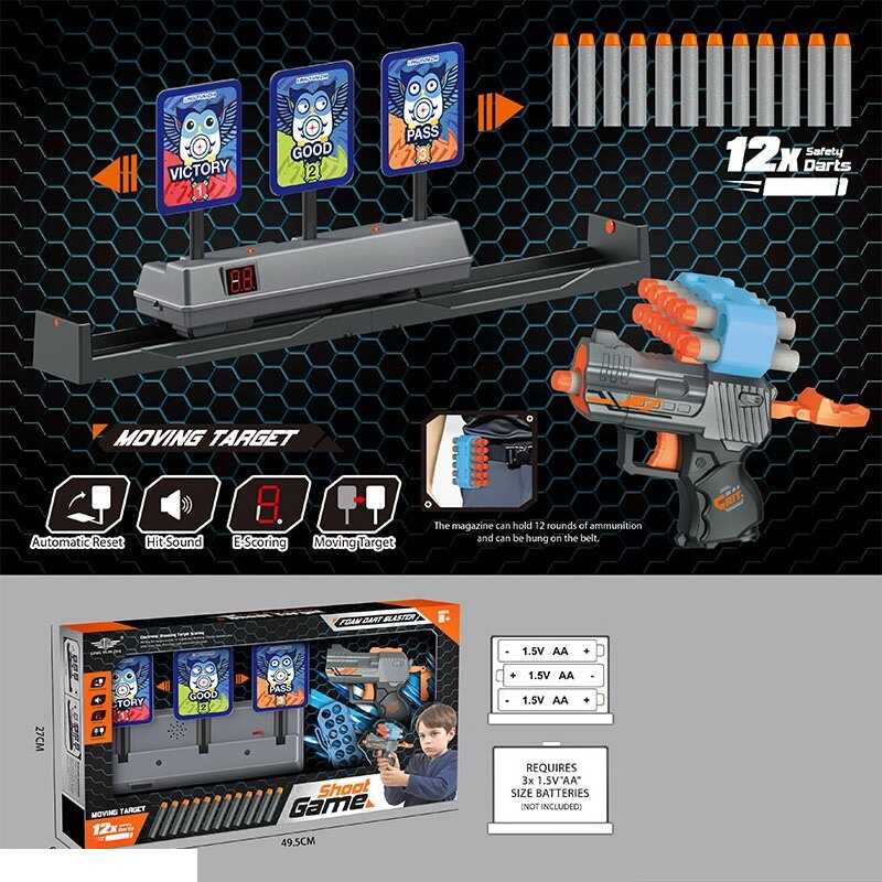 Тир LZ 087 (18) механічний пістолет, 12 м’яких патронів, електронна мішень, підсвічування, звуки, автоматично рахує влучання, рухається, в коробці