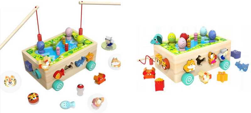 Каталка C 75514 (24) дерев’яна, сортер із фігурками, магнітна риболовля, в коробці