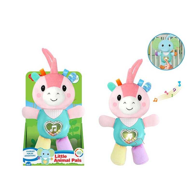 Музичне брязкальце 1963-2 (48) підсвічування, звуки тварин, мелодії, кумедні звуки, кульки, пластиковий тулуб, текстильні голова та кінцівки, в коробці