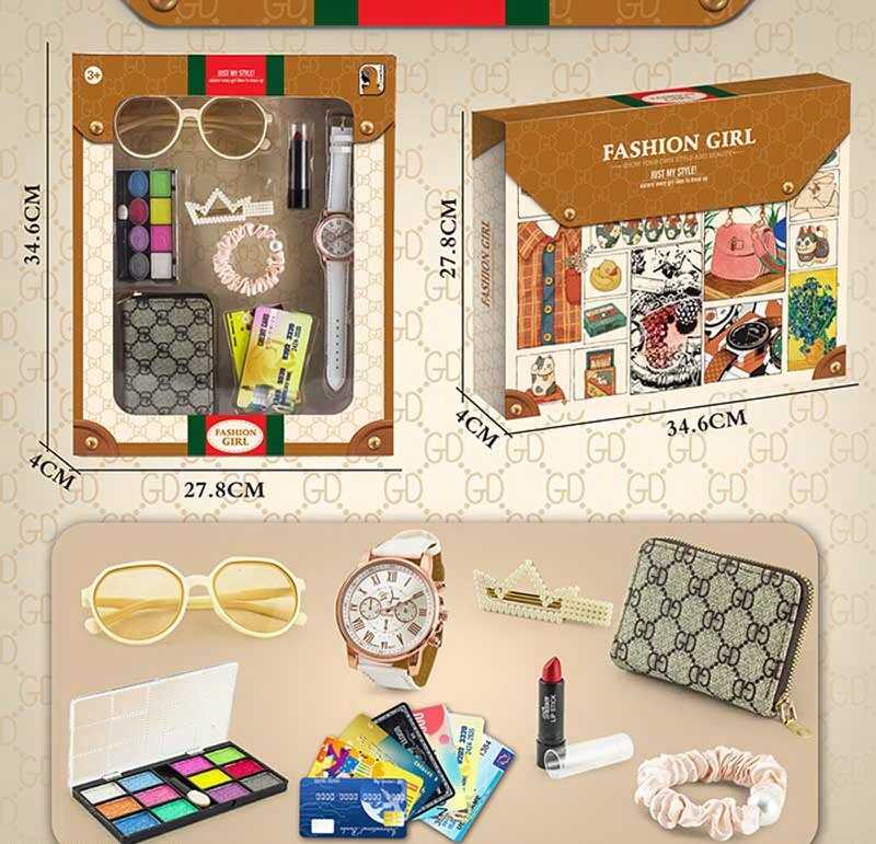 Набір прикрас K 4 (60) годинник, окуляри,  резинка та шпилька для волосся, помада, гаманець, тіні для повік та імітація банківських карток, в коробці