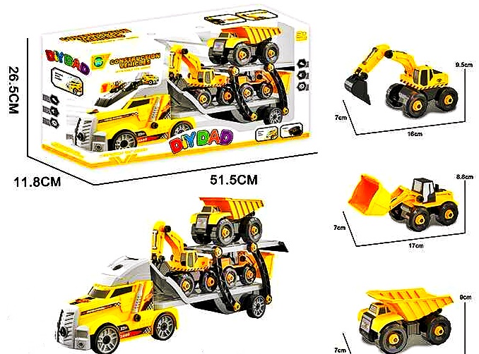 Трейлер MY 4104 “Спецтехніка”, звук, підсвічування, 3 будівельні машинки, конструктор, викрутка, в коробці