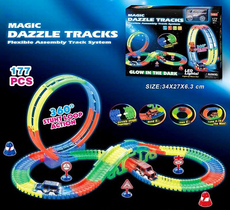 Трек 124 , 177 деталей, машинка на батарейках, підсвічування, неоновий трек, в коробці