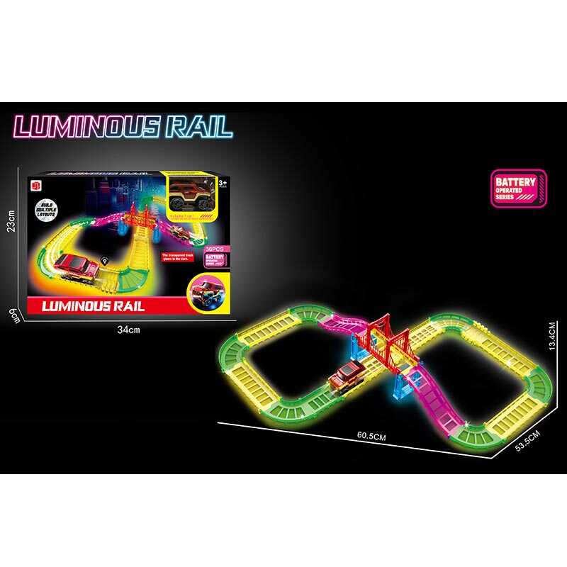 Трек 888-130 (60) 30 деталей, люмінесцентний, машинка на батарейці, підсвічування, в коробці