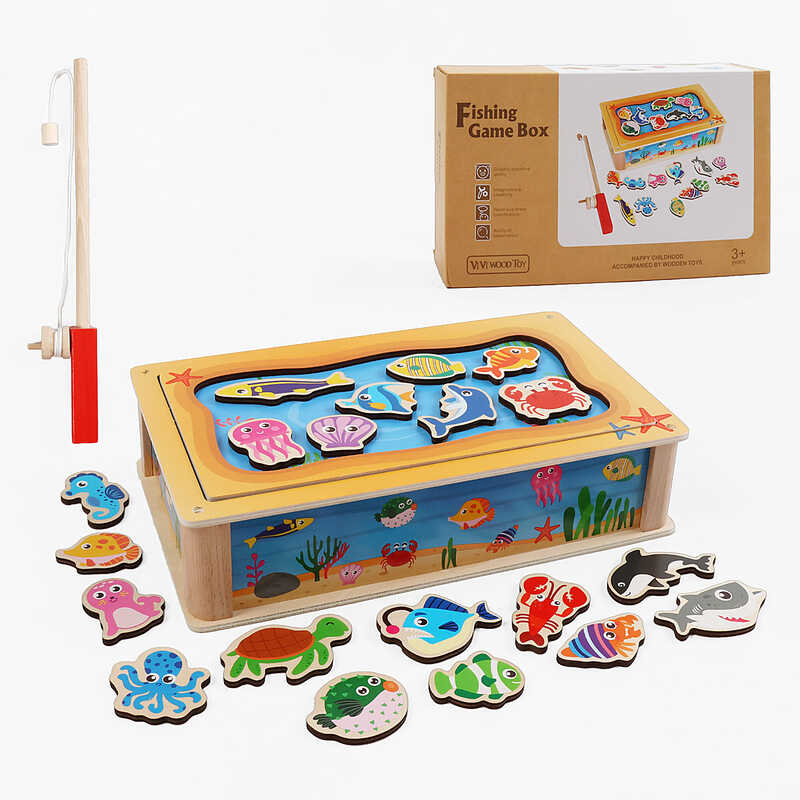 Магнітна риболовля F 43626 (36) дерев'яна, розмір боксу - 30х18х7 см, 20 фігурок морських мешканців, вудочка, в коробці