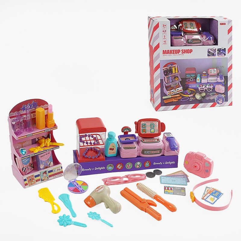 Магазин MW 5582 (16) касовий апарат, звук, репліки англ. мовою, підсвічування, стелаж, муляжі, прикраси, наліпки, гребінець, окуляри, в коробці