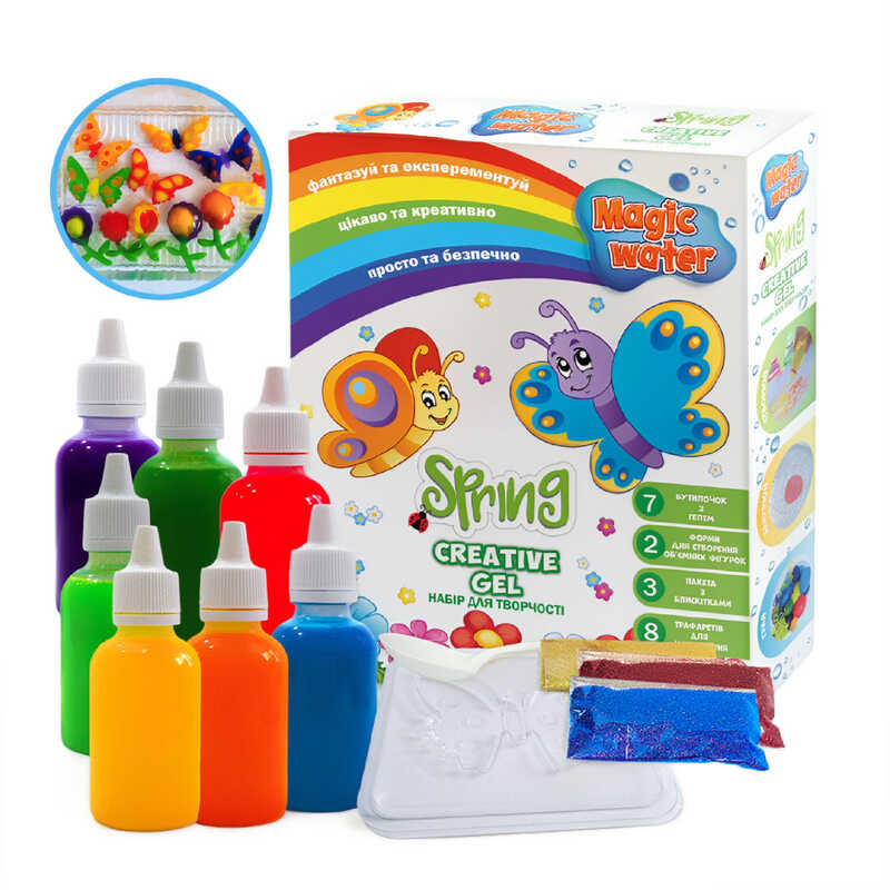 гр Набір для творчості "Magic water. Creative gel SPRING" MV6031-04 (10) "Ludum", пакетик з порошком, 2 формочки, 3 види блискіток, 8 трафаретів, 7 різнокольорових гелів, в коробці