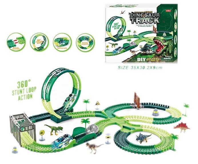 Трек 358 (18/2) 225 деталі, машинка на батарейках, підсвічування, 4 фігурки динозаврів, в коробці
