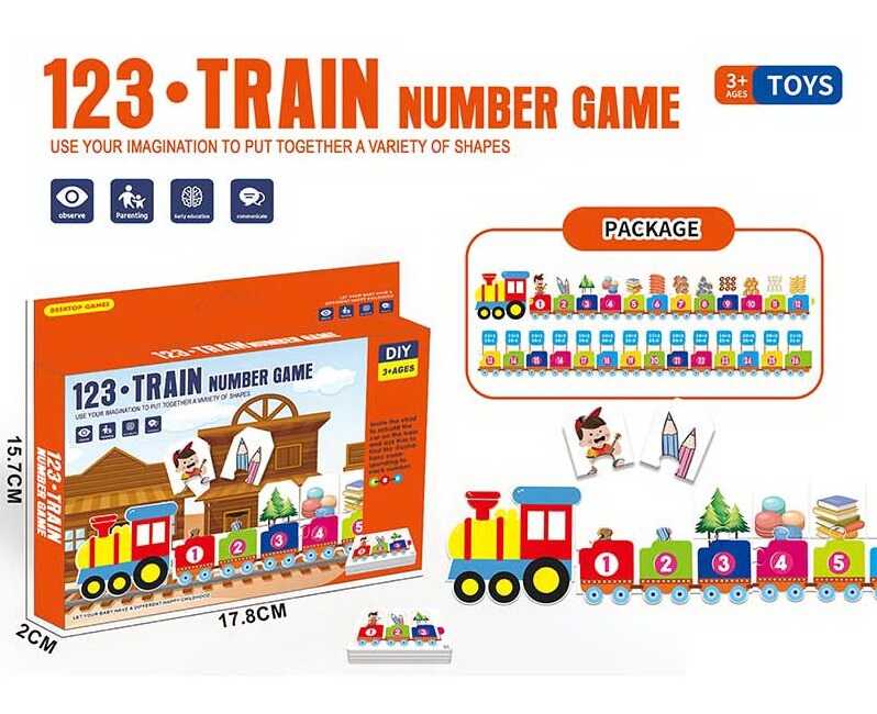 Гра 090 (120/2) локомотив, 9 карток із завданнями, 26 пазлів, математичні приклади, нумерація вагонів та карток, коробці