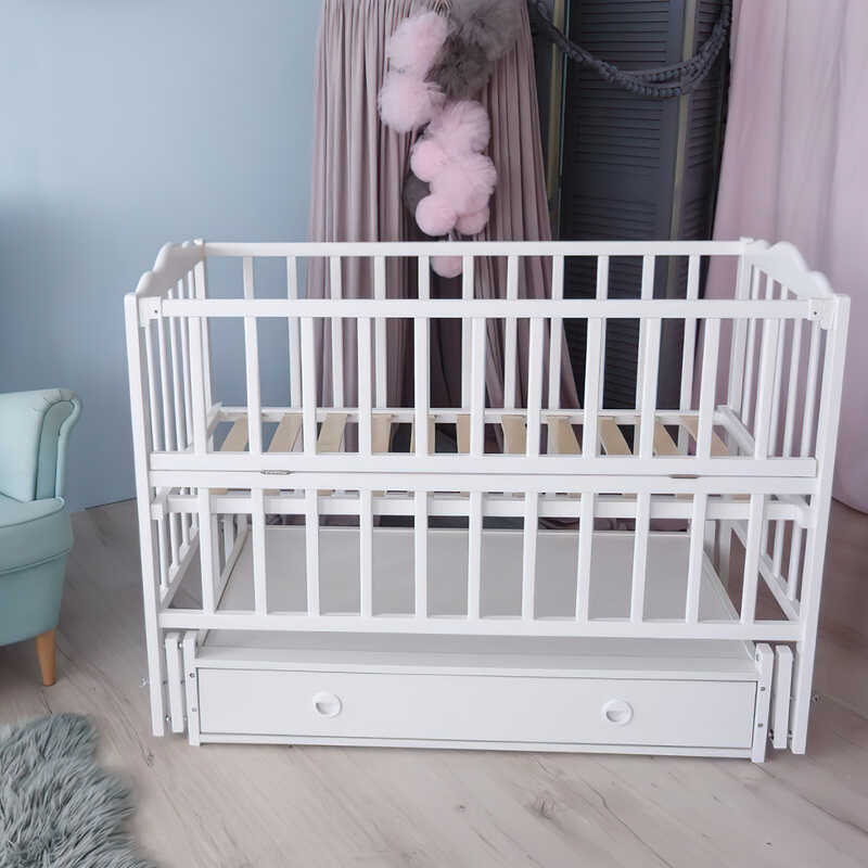 гр Ліжечко дитяче "Анастасія" (1) шарнір-підшипник з відкидною боковиною+шухляда, бук (білий)