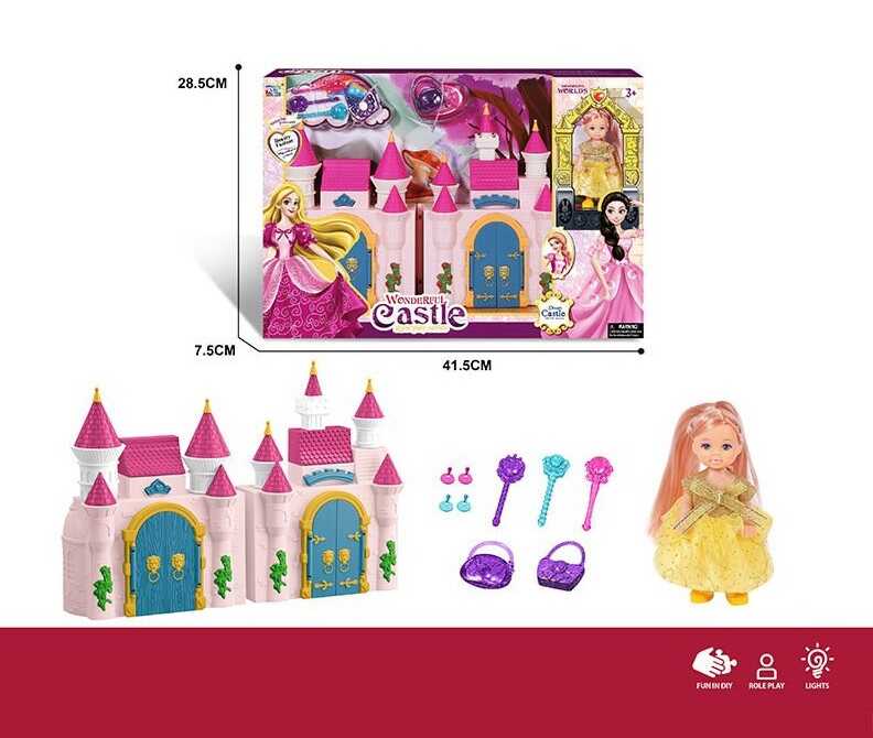 Замок з лялькою KDL 58 (36/2) висота ляльки: 10 см, шарнірні з'єднання, знімна сукня, аксесуари, розмір замка: 30х18, мелодія, підсвічування, відчиняються дверцята, в коробці