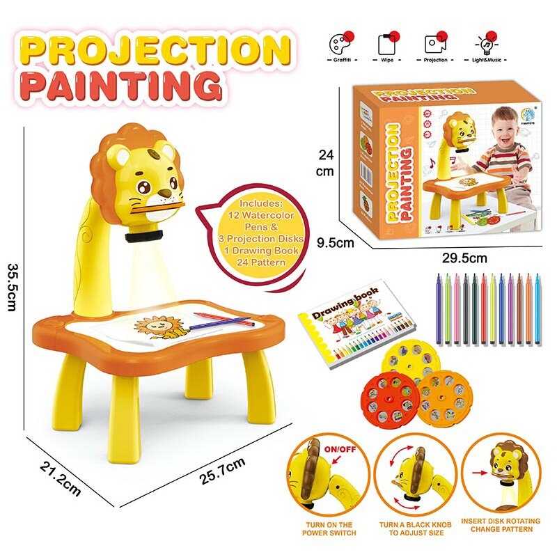 Столик з проєктором YM 2301 (36/2)  “Тигр” 3 диски, фломастери, серветка, на батарейках, альбом, в коробці