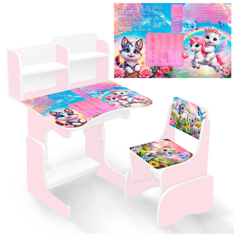 гр Парта шкільна "Кошенята з поні" ПШ055 (1) ЛДСП, колір рожевий, 69*45 см, + 1 стілець, з пеналом