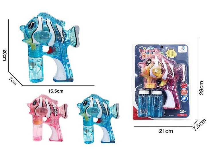 Пістолет з мильними бульбашками 6214 A (60/2) 2 кольори, “Рибка”, на батарейках, автоматичний принцип роботи, 2 пляшки мильного розчину, музика, підсвічування, на листі