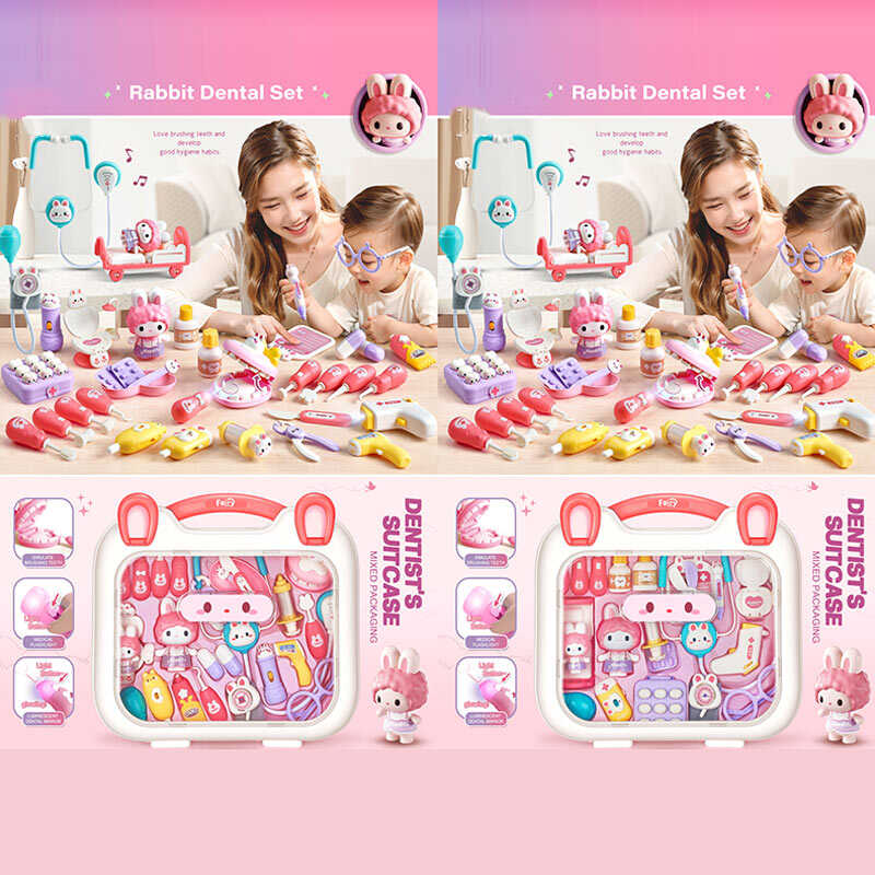 Набір лікаря 6710 (10/2) 2 види, підсвічування, звуки биття серця, фрази англійською, мелодія, 2 фігурки пацієнтів-кроликів, 2 термометри, стетоскоп, тонометр, окуляри, у валізі