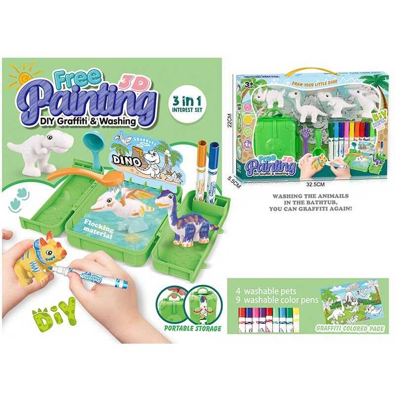 Набір для творчості 833 (48/2) 4 флоксові фігурки тварин, 9 кольорових фломастерів, бокс-ванночка, щіточка, в коробці