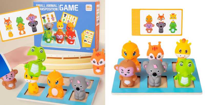 Логічна гра C 75287 (48) дерев'яна дошка 18х12.5 см, гумові фігурки тваринок, двосторонні картки із комбінаціями тваринок, в коробці