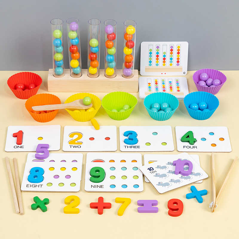 Математична гра C 75571 (28) дерев’яна, дерев'яні цифри та математичні знаки, колби, кульки, ложечка, щипці, картки, формочки, в коробці