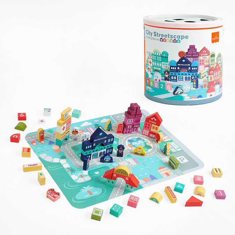 Конструктор С 65444 (12) дерев’яний, 100 деталей, фігурки, пазли, ігрове поле, чохол, сортер, у відрі