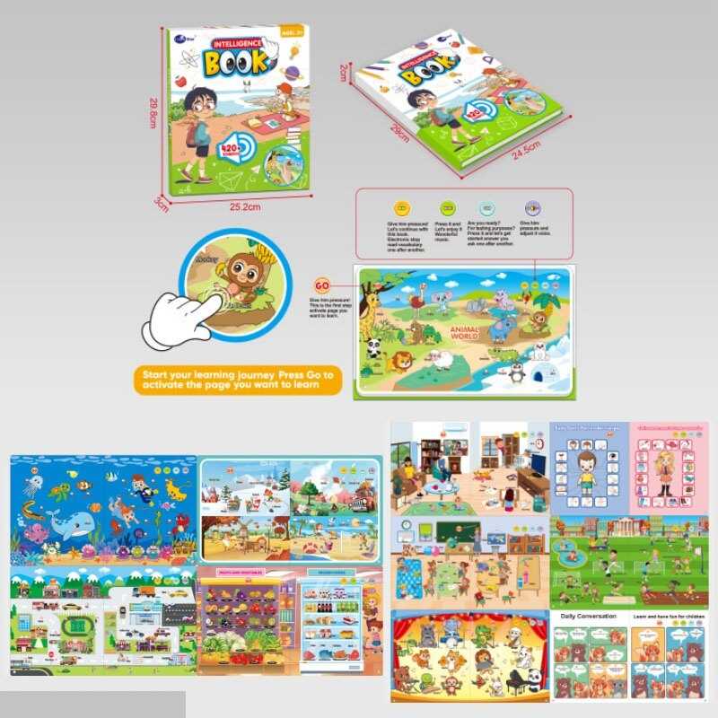 Інтерактивна книга 3119 (48/2) 22 сторінки, іспит, англійські слова, озвучування англійською мовою, тварини, морські мешканці, пори року, транспорт, їжа, одяг, інструменти, на батарейках, в коробці