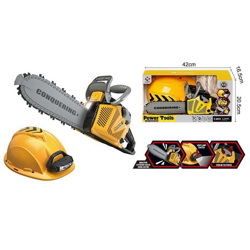 Пила T 006 (18) ланцюгова, каска з ліхтарем, звук, підсвічування, на батарейках, в коробці