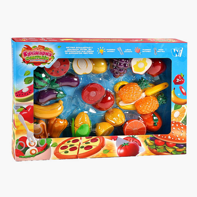 Набір продуктів “Кулінарна фантазія” 10265 (36/2)  “Wtoys”, 25 елементів, овочі та фрукти на липучках, дошка для нарізання, ніж, в коробці