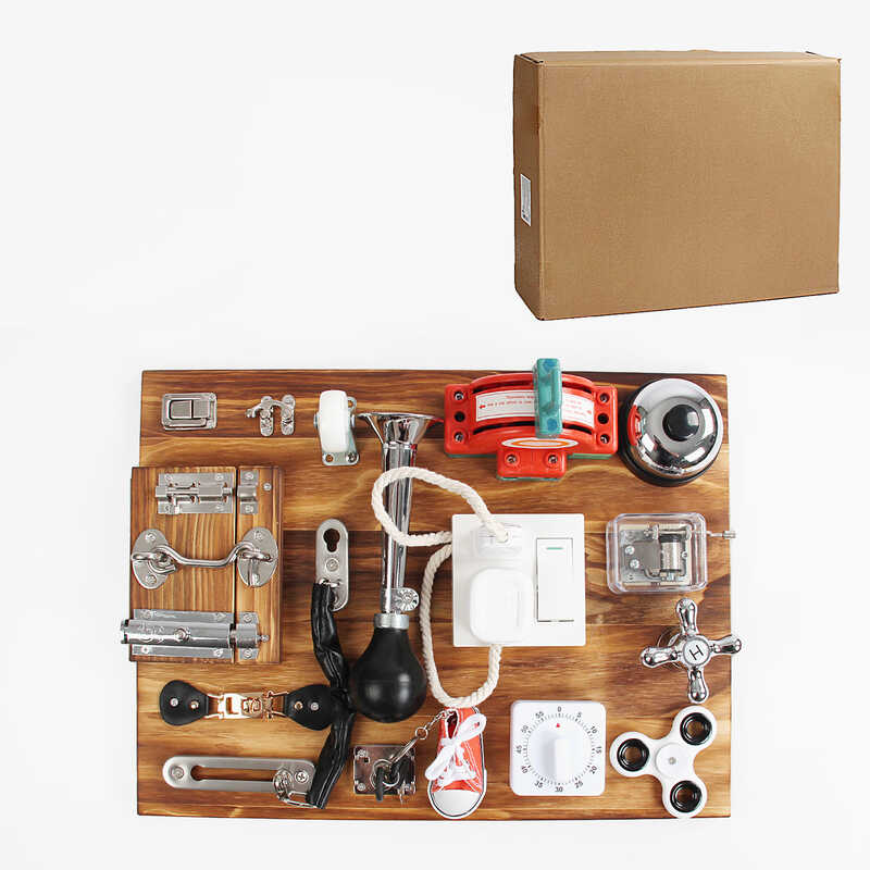 Бізіборд дерев'яний C 64845 (5), дзвінок, застібки, таймер, розетка, замки, шнурівка, перемикач, кран, фіджет, клаксон, музичний механізм, в коробці