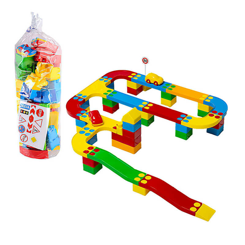 гр Ігровий конструктор "Кольорова дорога №3" 114/24 (7) "BAMSIC" 64 деталі, 2 машинки, в тубусі