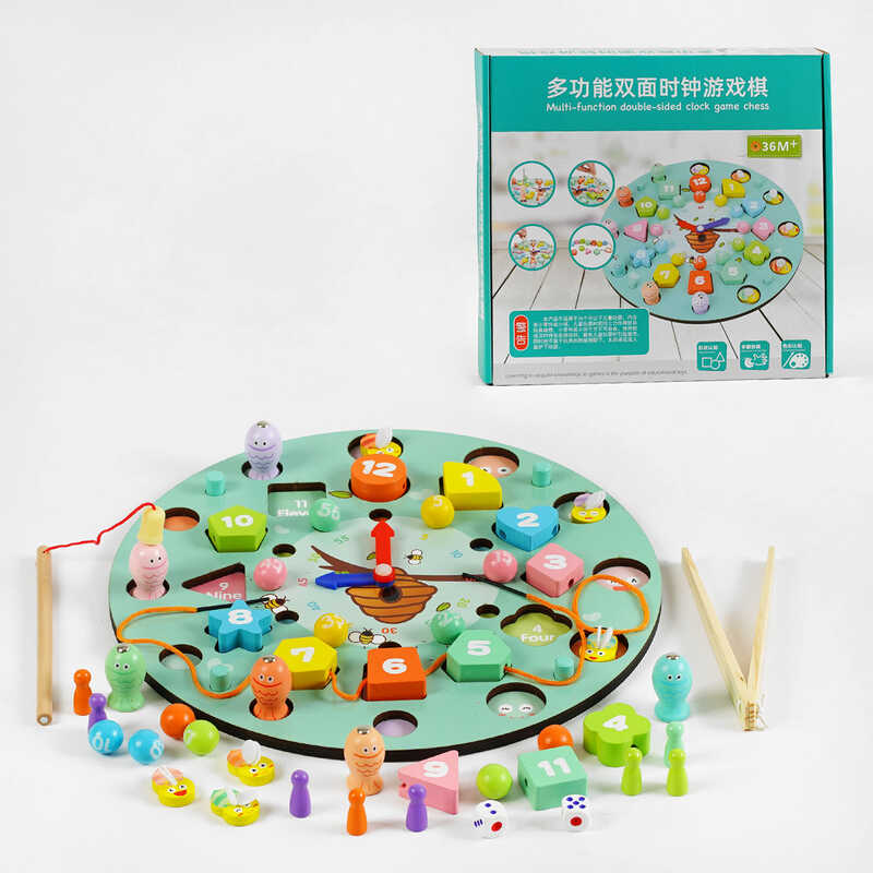 Годинник дерев`яний С 62350 (24) 7 ігор, магнітна риболовля, сортер геометричний, за кольорами, настільна гра, намистини, шнурок, в коробці