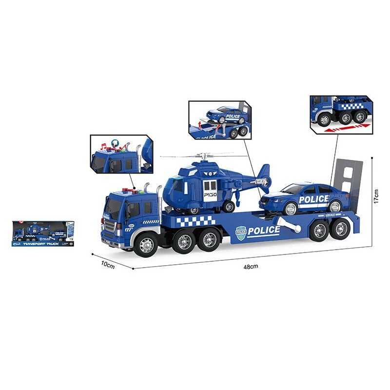 Трейлер WY 578 A (12) “Поліція”, інерція, підсвічування, звуки, рухливі елементи, гумові шини, машинка, вертоліт, масштаб 1:16, в коробці