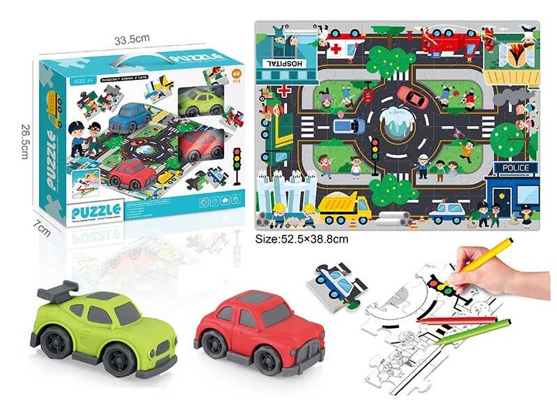 Двосторонній пазл 7077-104 (48/2) “Іграшкове місто”, 48 елементів, розфарбовка, 2 машинки, пазл 52х39 см, в коробці