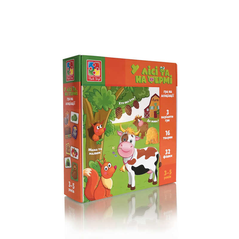 гр Міні-розвивашка асоціації "У лісі та на фермі" VT1804-46 укр (12) "Vladi Toys", 32 картки, 2 фішки