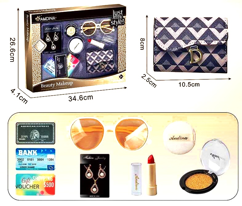 Набір аксесуарів 616-5 , гаманець, окуляри, прикраси, імітація косметики, муляжі карток, в коробці