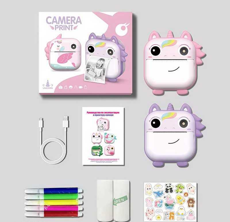 Фотоапарат-принтер M 5 D 1 Штрих=30526 (50) 2 кольори, фронтальна камера, дріт micro USB, роз’єм для SD карти, 2 рулони термопаперу, ремінець, наліпки, фломастери, в коробці