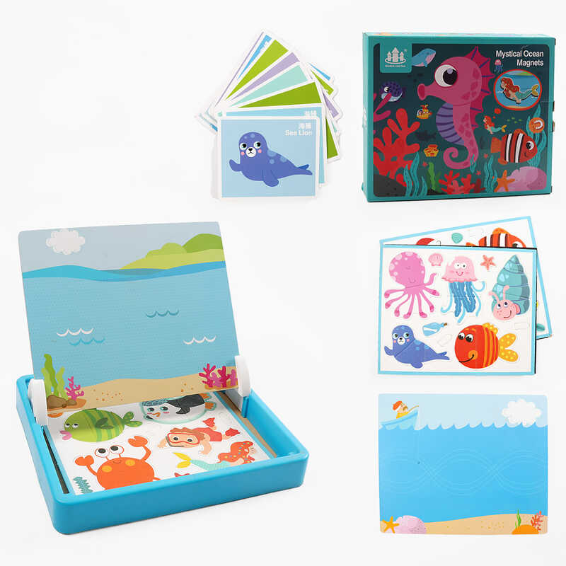 Дерев'яна магнітна дошка С 74452 (28) “Морські жителі”, маркер, картки, магніт, назви англійською мовою, в коробці