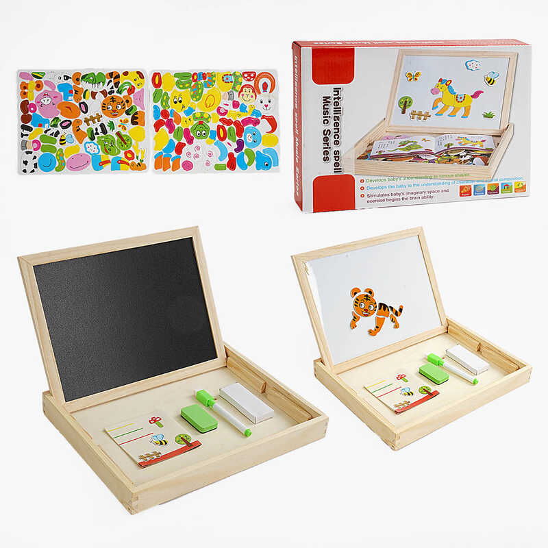 Дерев'яна магнітна дошка C 65004 (36) 2в1, магнітні пазли, дошка для малювання, в коробці