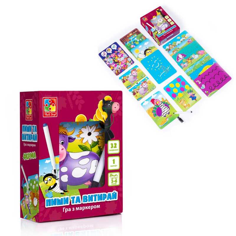 гр Гра настільна "Пиши та витирай. Ферма" (укр) VT5010-19 (12) "Vladi Toys", 34 магнітні елементи