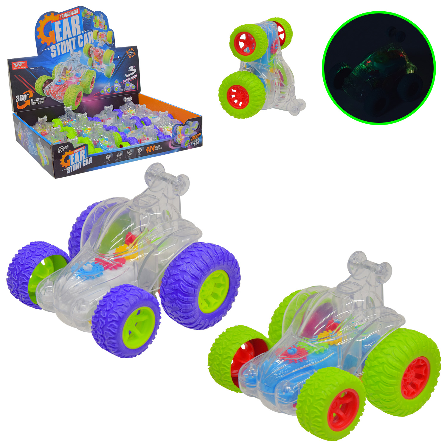 Машина - шестерні 36789J , перевертиш , ЦІНА ЗА 12 ШТУК , прозорий корпус , світло , інерція , мікс , дісплей