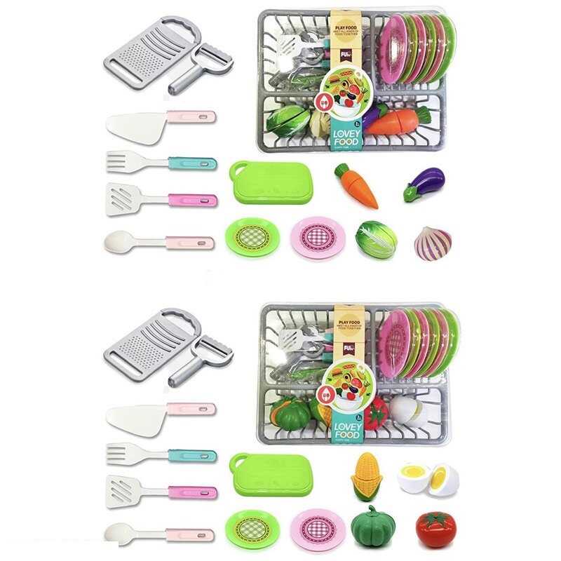 Набір посуду CS 711-11 (80/2) 2 види, продукти на липучках, підставка для посуду, тарілки, столове приладдя, дошка, терка, овочечистка, в слюді