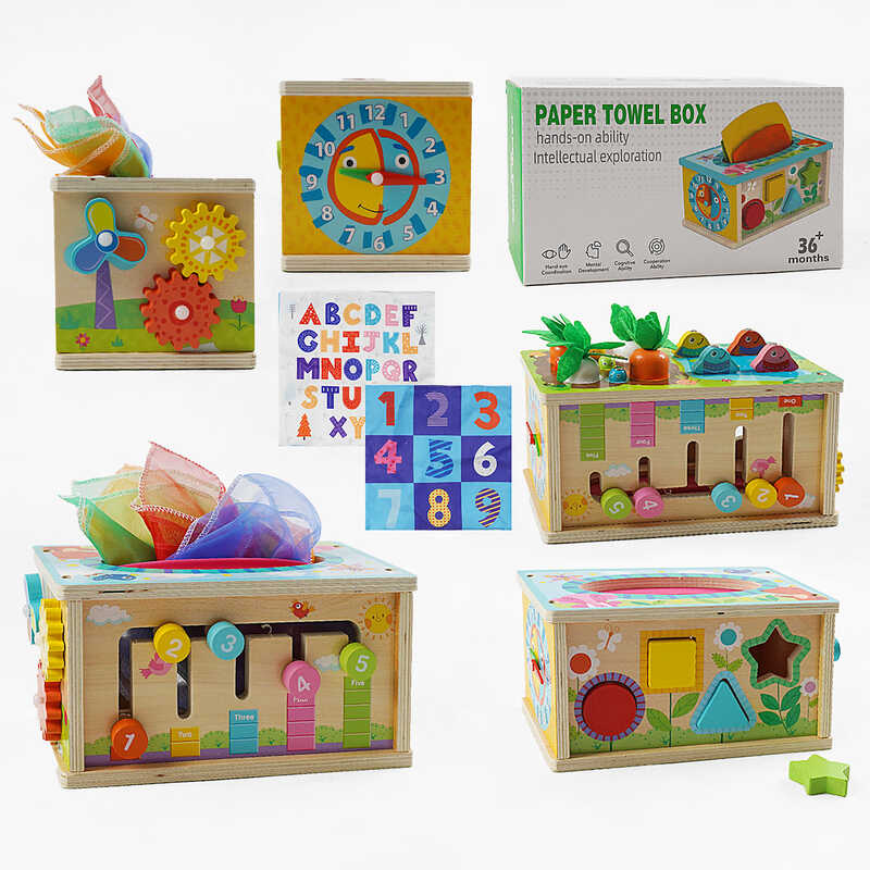 Ігровий центр C 65627 (18) дерев’яний, магнітна риболовля, серветки, геометричний сортер, шестерні, годинник, в коробці