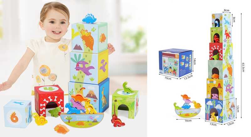 Логічна гра C 75553 (24) кубики-будиночки, цифри, піраміда висотою 63.5 см, дерев’яний балансир, фігурки динозаврів, в коробці