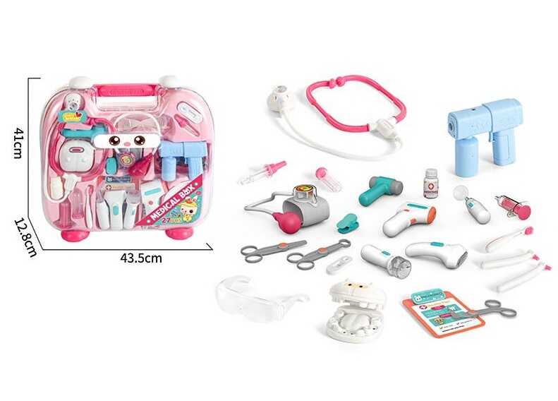 Набір лікаря YY 6033 (8) стетоскоп, підсвічування, звуки, ліхтарик, оглядове дзеркало, термометр, апарат УЗД, щелепа, пістолет з парогенерацією, окуляри, аксесуари, у валізі