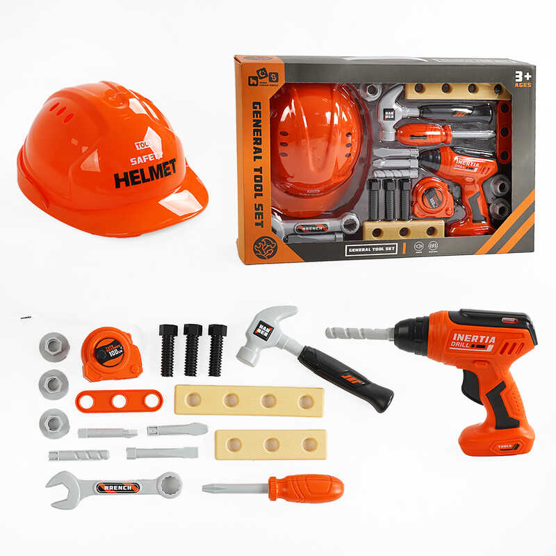 Набір інструментів 778-29 (36/2) 19 елементів, механічний дриль, будівельна рулетка, каска, в коробці