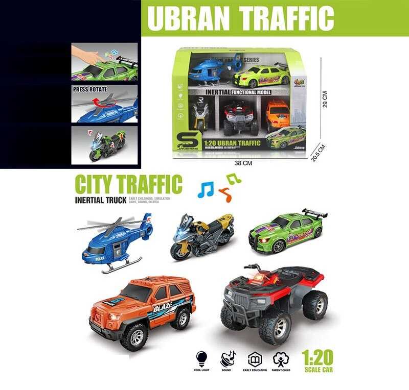 Набір машин JS 200 N (8) 5 штук, підсвічування, звуки, інерція, на батарейках, рухомі елементи, масштаб 1:20, в коробці