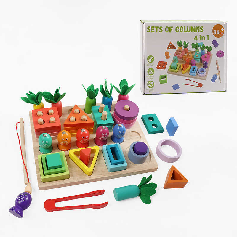 Логічна дерев’яна дошка C 74314 (24) магнітна риболовля, кілочки, сортер за кольорами та формами, щипці, морквини, в коробці