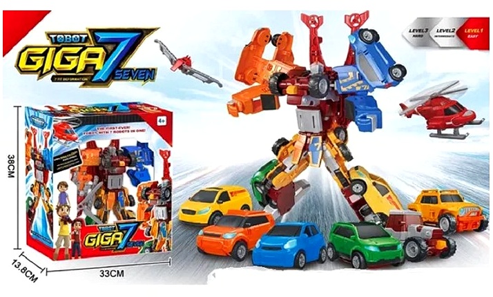 Трансформер 528 A ,  "GIGA 7" ,  7 в 1,  робот трансформується у літак, гвинтокрил та 5 машинок, висота робота - 29 см, в коробці